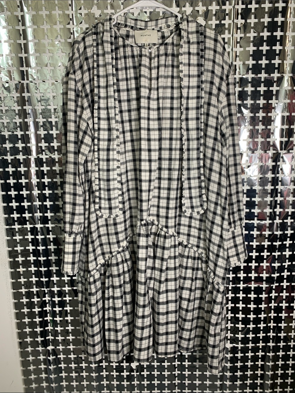 MUNTHE Black & White Plaid Long-Sleeve Tiered Dress